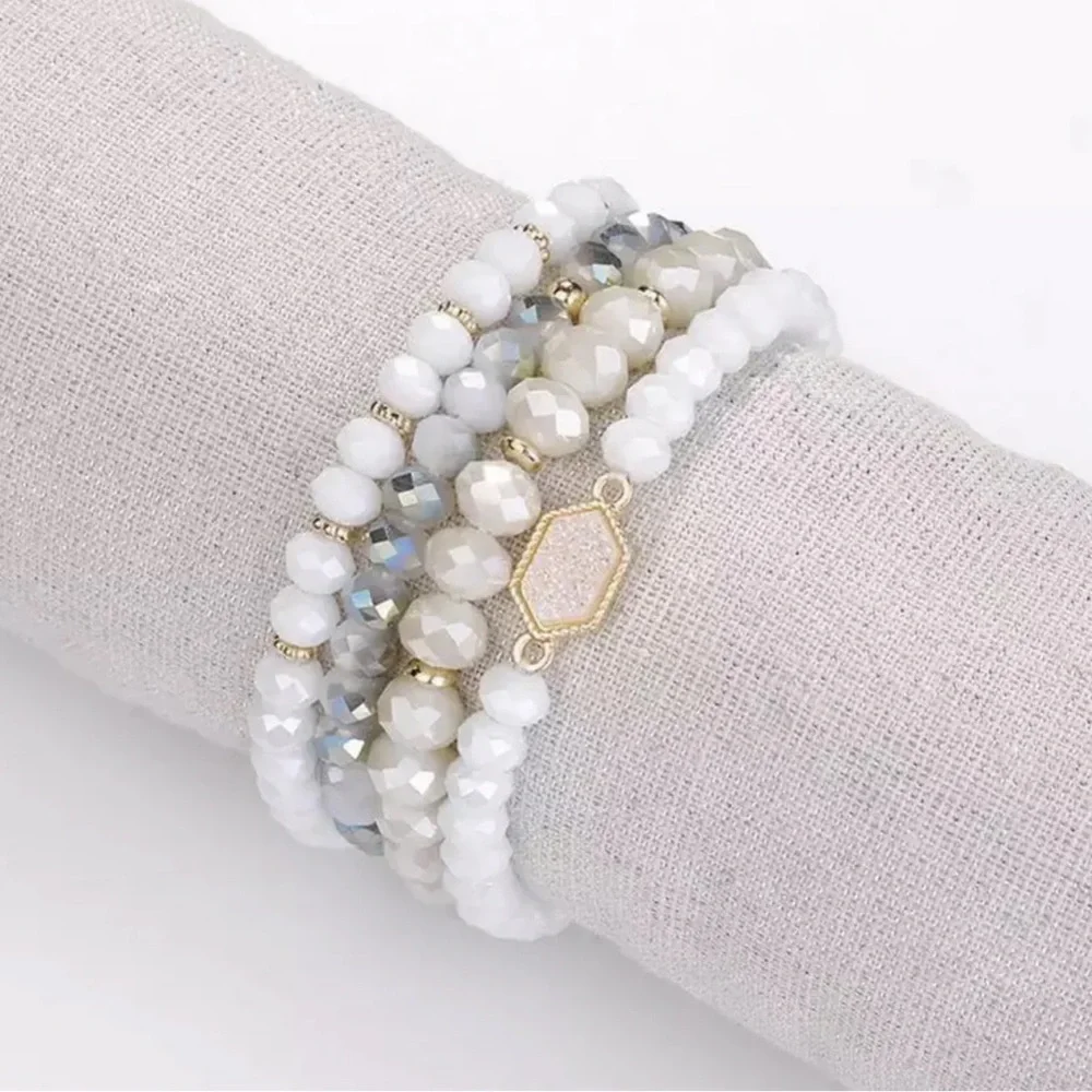 NEW Bracelet Pack - Druzy Beads - White - Set of 4 - Stretchy - Picture 1 of 1
